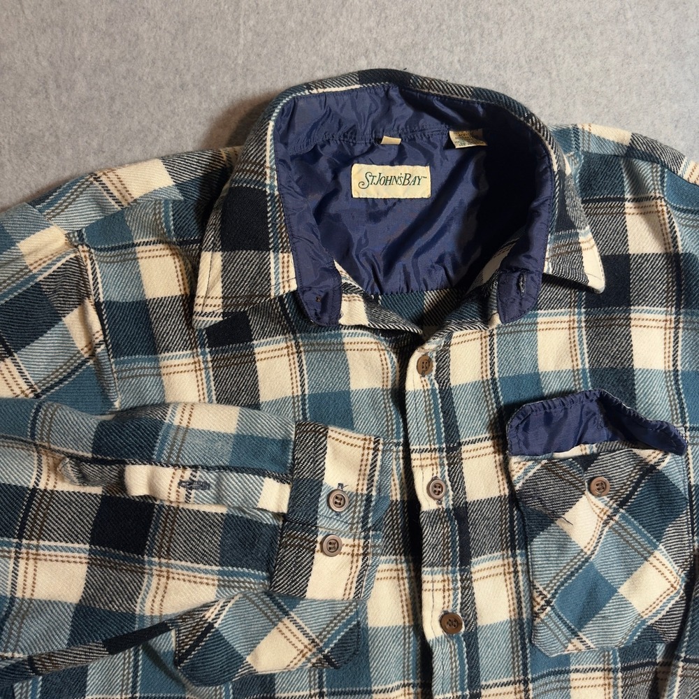 Vintage St Johns Bay Mens Blue Plaid Acrylic Flannel Shirt Large L Button Down